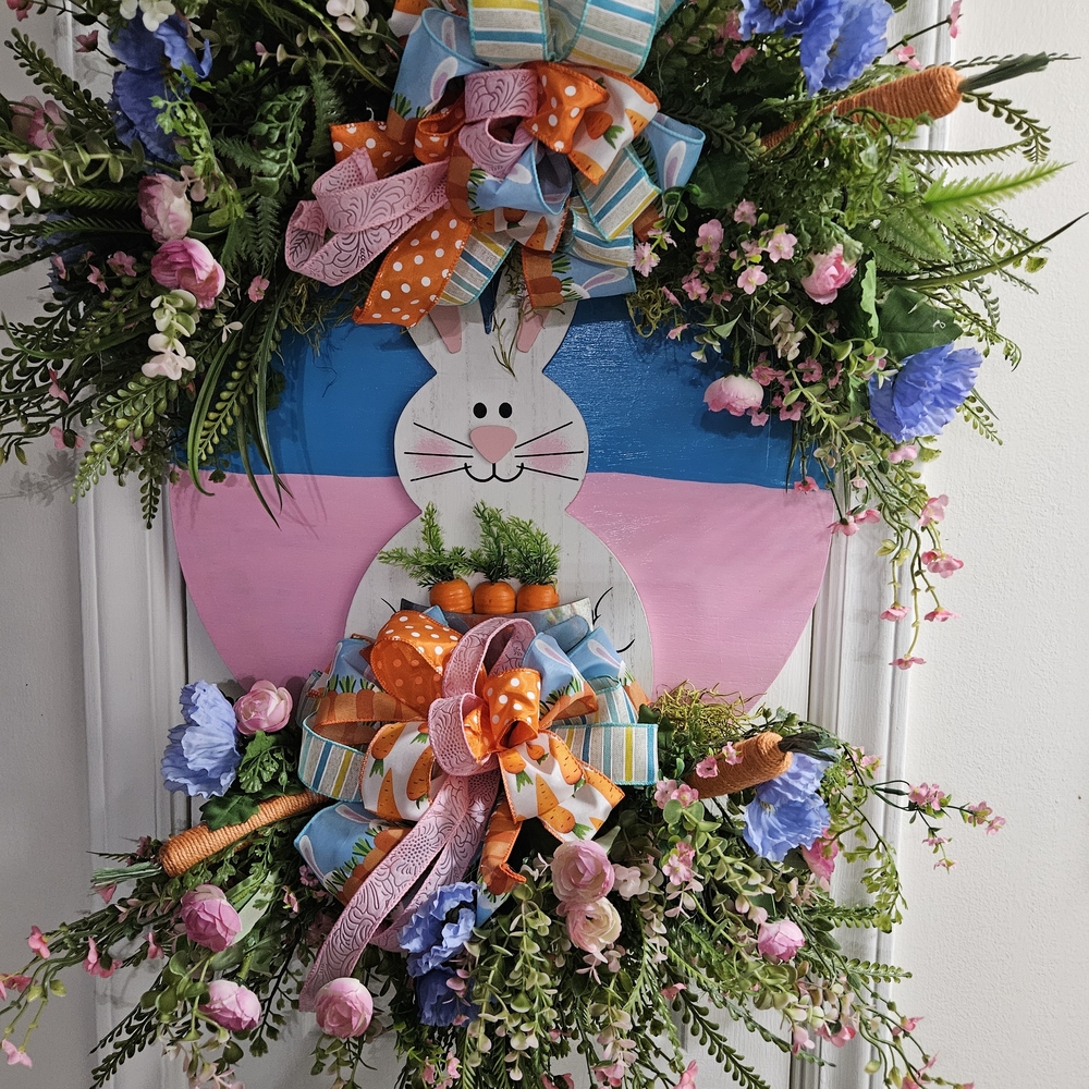 Spring Bunny Door Wreath with Pastel Flowers and Bows